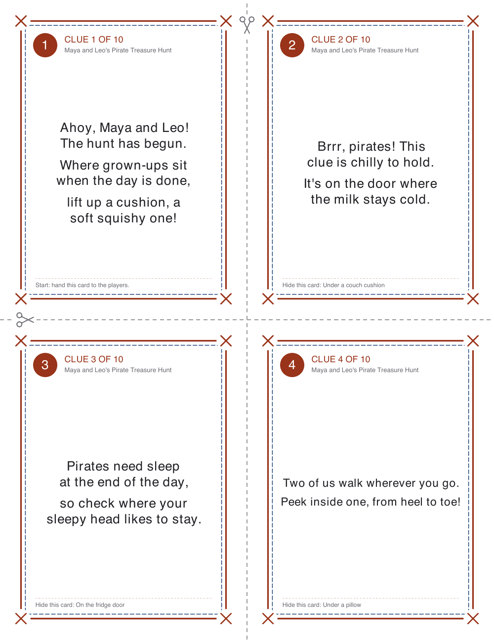 Printed clue cards 1 to 4 of Maya and Leo's Pirate Treasure Hunt: rhyming clues in a pirate border with dashed cut lines