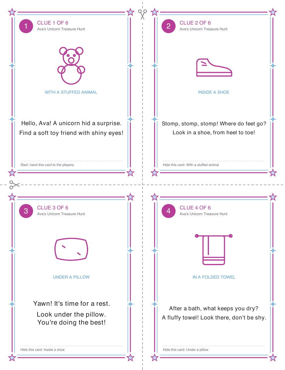 Printed picture clue cards 1 to 4 of Ava's Unicorn Treasure Hunt: each card shows a drawing of the next hiding spot